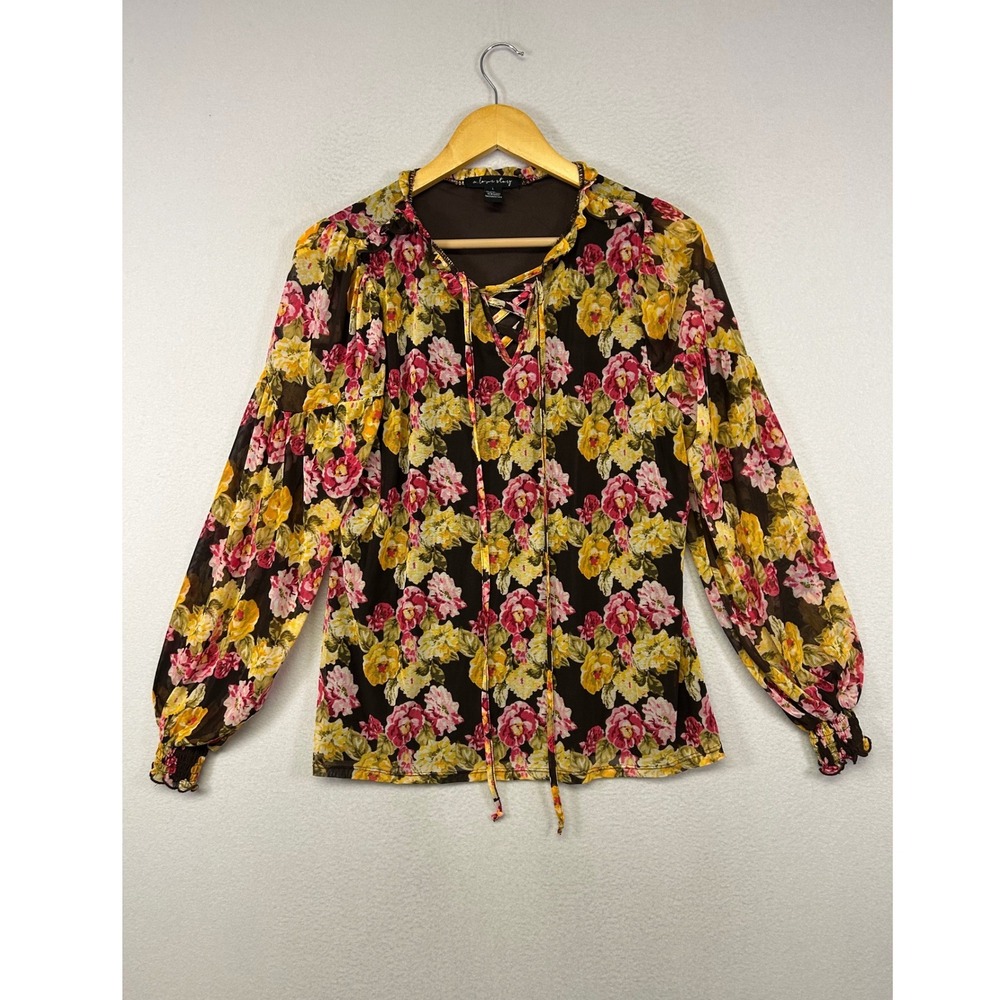 Boho Cottagecore A Love Story Womens Large Brown Floral Mesh Lace Up‎ Blouse
